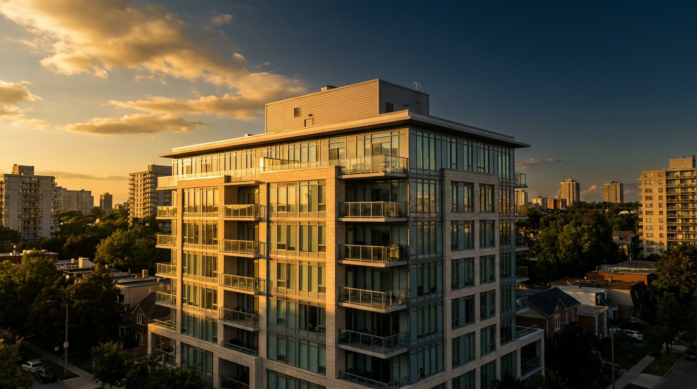 Modern apartment building exterior at golden hour