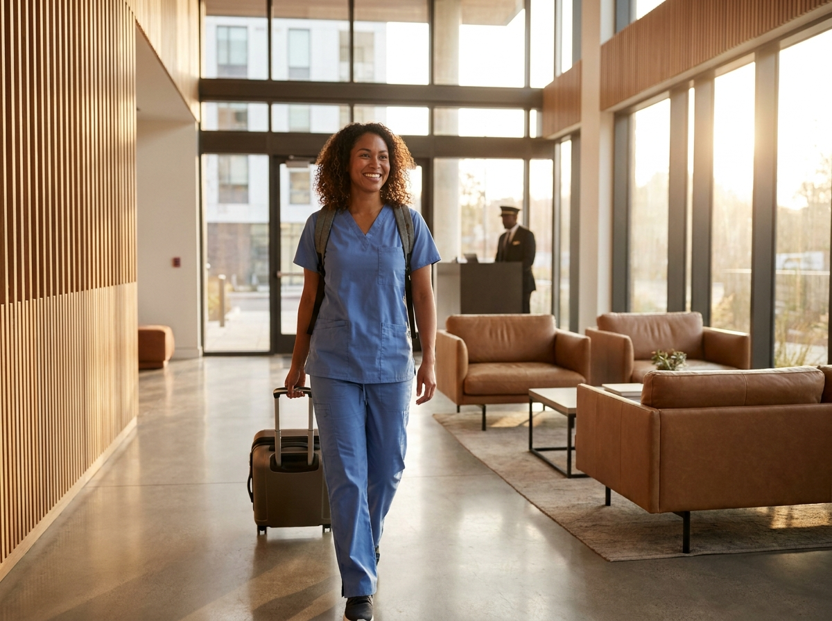 Healthcare worker arriving at modern apartment lobby with luggage