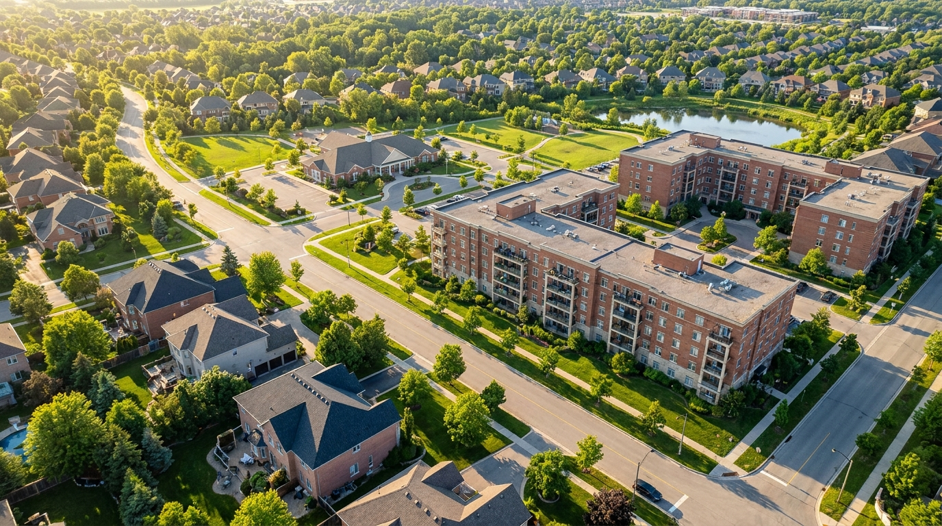 Aerial view of North American neighborhood