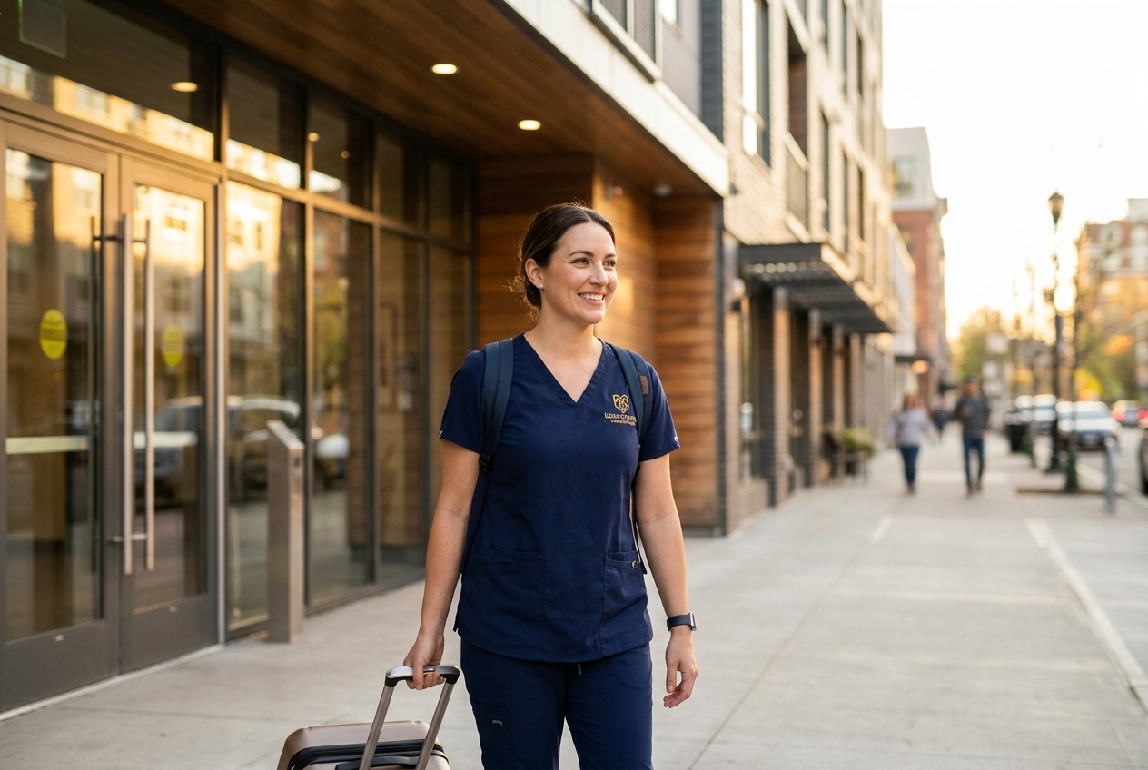 Healthcare worker arriving at modern apartment building
