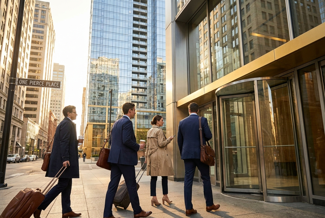Business consultants at downtown corporate apartment building